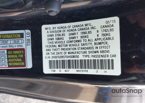 2013 Honda Civic Lx z USA, uszkodzony, nr VIN 2HGFG3B57DH508050